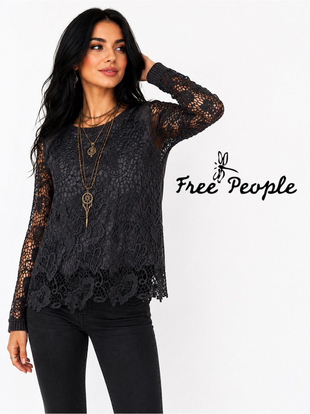 FREE PEOPLE Graphite Combo Crochet Top, Size Small - MSRP $128